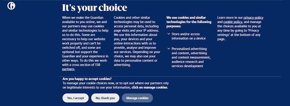 Cookie consent banner from the Guardian