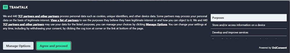 Cookie consent banner from the TeamTalk website